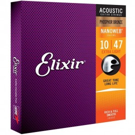 Encordoamento para Violo Aco 010 Phosphor Bronze Extra Light 16002 NanoWeb Elixir