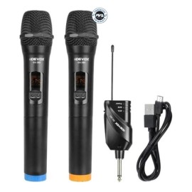 Microfone sem fio de bastão duplo DEVOX UHF DX-382 com Mini Receptor Multi Frequência